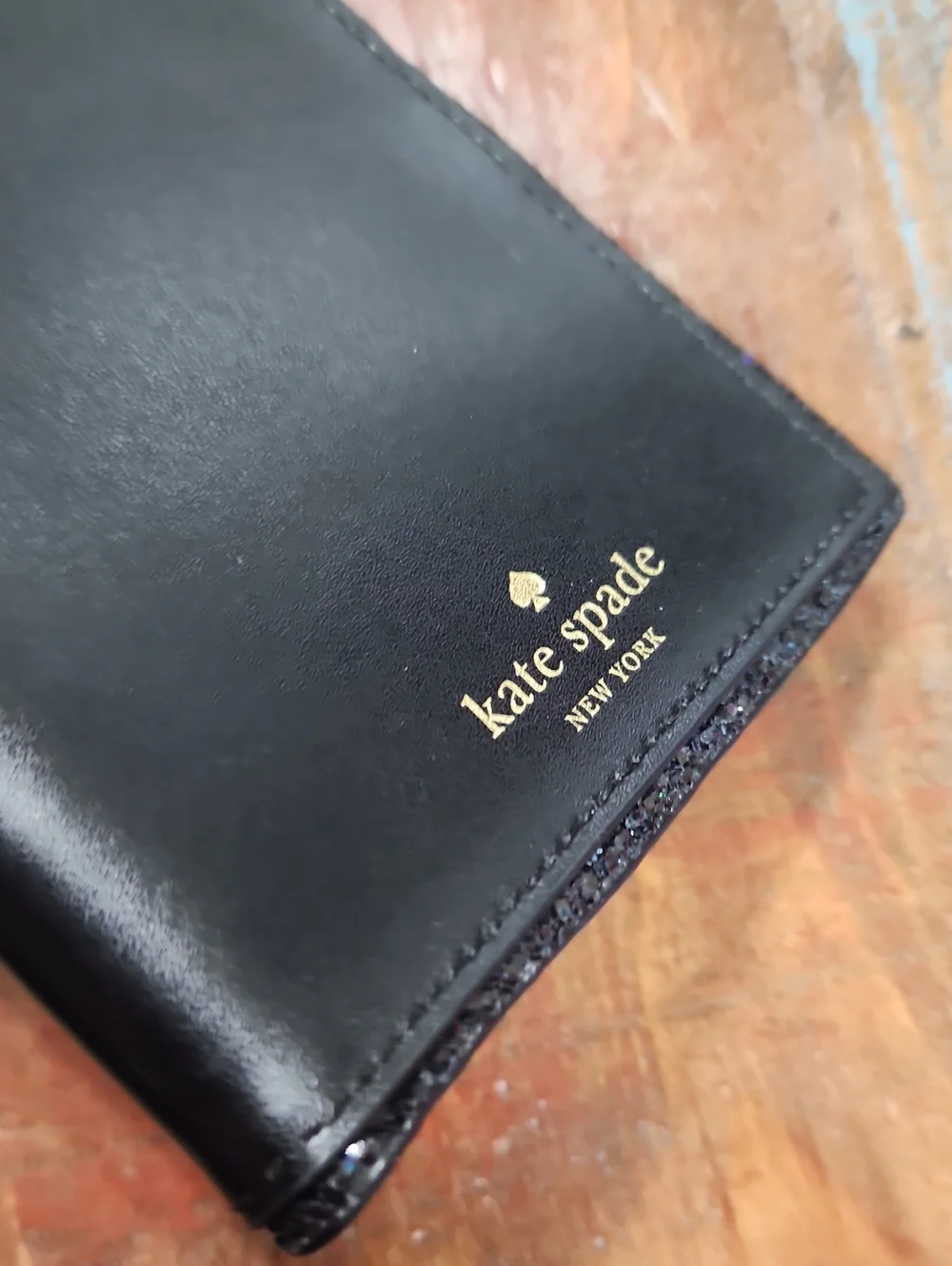Kate Spade Black Leather Travel Card Passport Holder Sparkle NWT
